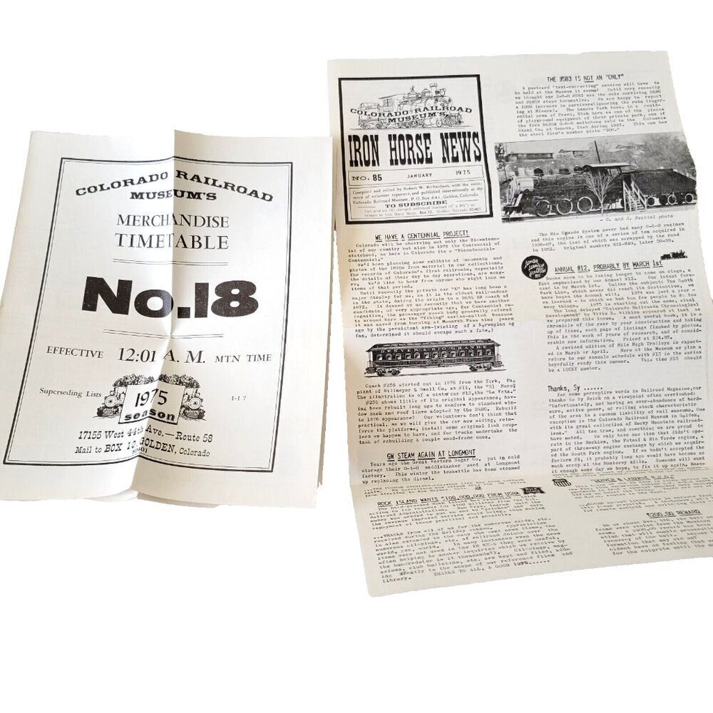 Iron Horse News Jan 1975 No. 85 Newsletter & Timetable Colorado Railroad Museum